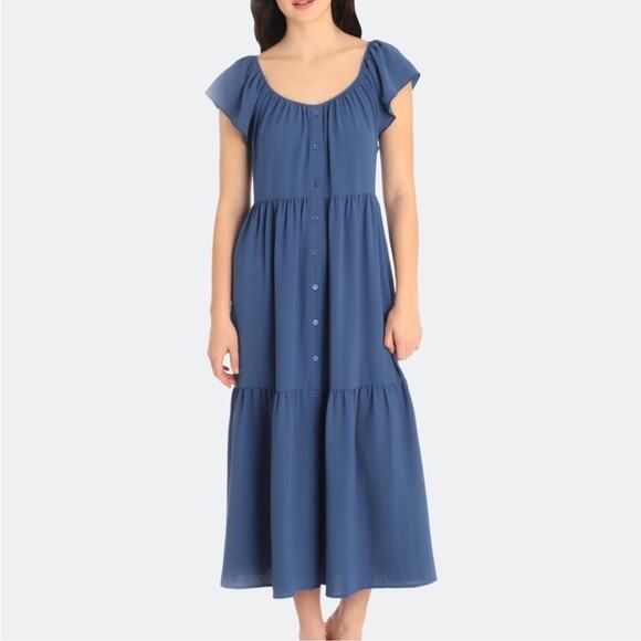 Maggy London Blue Ruffle Sleeve Scoop Neck Tiered Easy Shirtdress Midi Size 8 - Picture 16 of 16